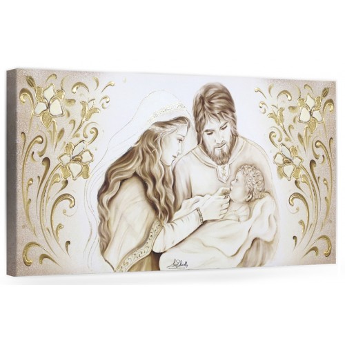 COD. BASIC23 MONOC. ORO - Capezzale quadro moderno su tela sacro " Sacra Famiglia " Madonna con Banbino e San Giuseppe